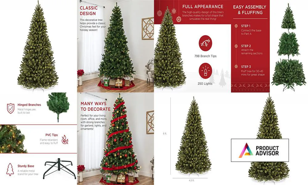 Best Choice Products 6ft Pre-Lit Pre-Decorated Spruce Hinged Artificial Christmas Tree w/ 798 Tips 29 Berries Metal Base 250 Lights 29 Pinecones