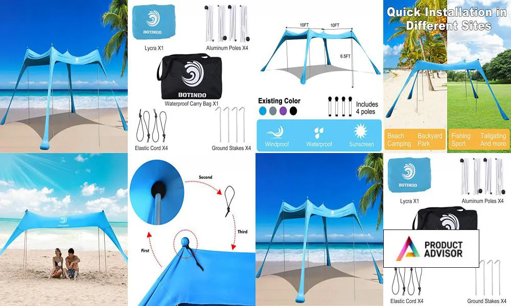 BOTINDO Family Beach Tent Sunshade Camping and Outdoors Canopy Pop Up Sun Shelter 2 Pole with Carry Bag for Beach Fishing Backyard 