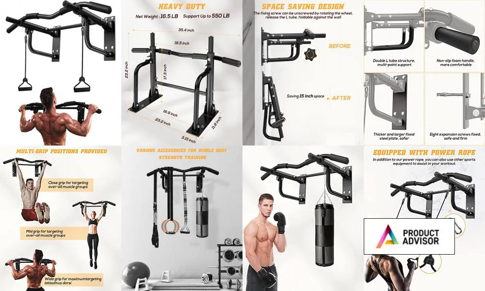 JZBRAIN Pull Up Bar Wall Mounted Heavy Duty Wall Mount Chin Up Bar with Assistance Bands for Strength Training Exercise 8 Hole Design for Home Gym Indoor Outdoor 550 LB