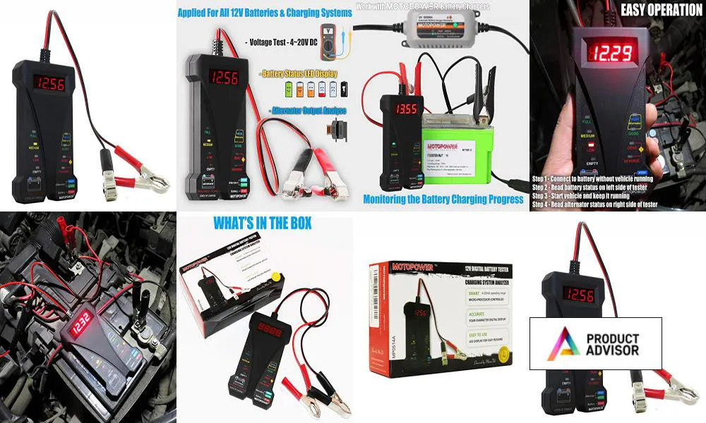 MOTOPOWER MP0514A 12V Battery Tester with MP00205A 12V 800mA Battery Charger and MP69011 Battery Terminal Connector 
